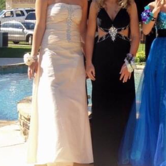 Champagne strapless formal dress with jeweled detail - Picture 15 of 15